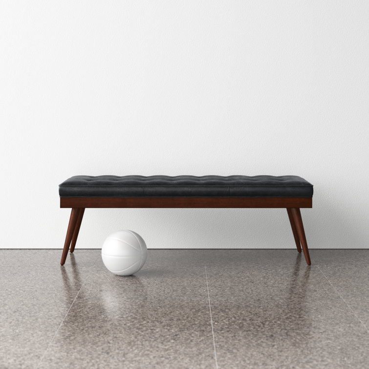 Luca Onyx Black Full-Grain Leather Bench with Mahogany Legs