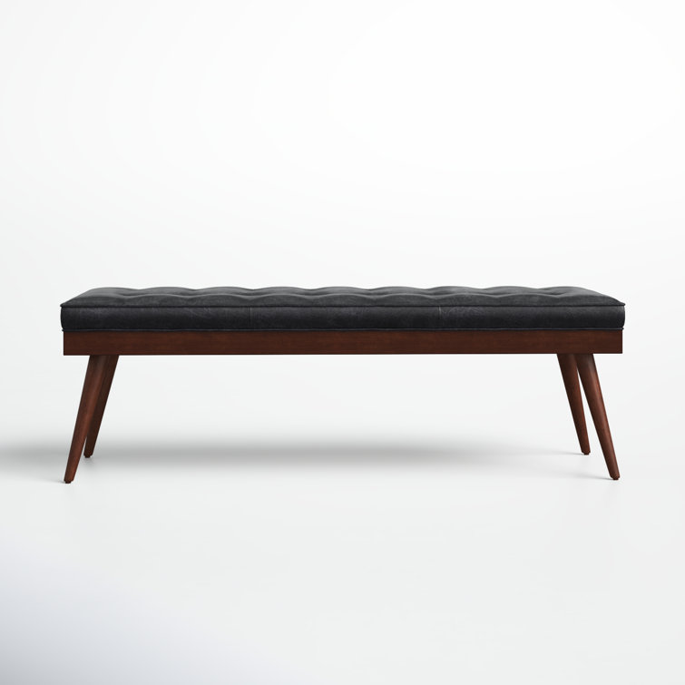 Luca Onyx Black Full-Grain Leather Bench with Mahogany Legs