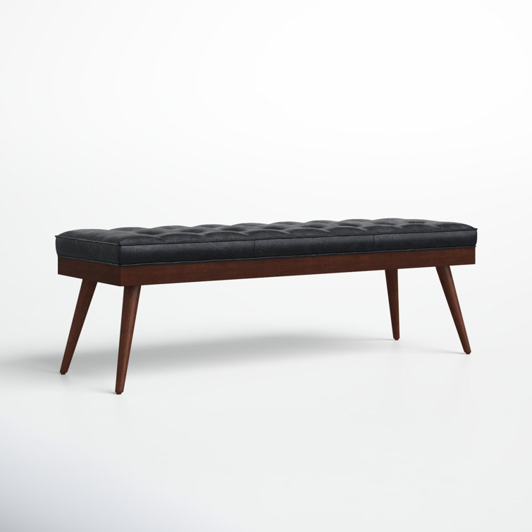 Luca Onyx Black Full-Grain Leather Bench with Mahogany Legs