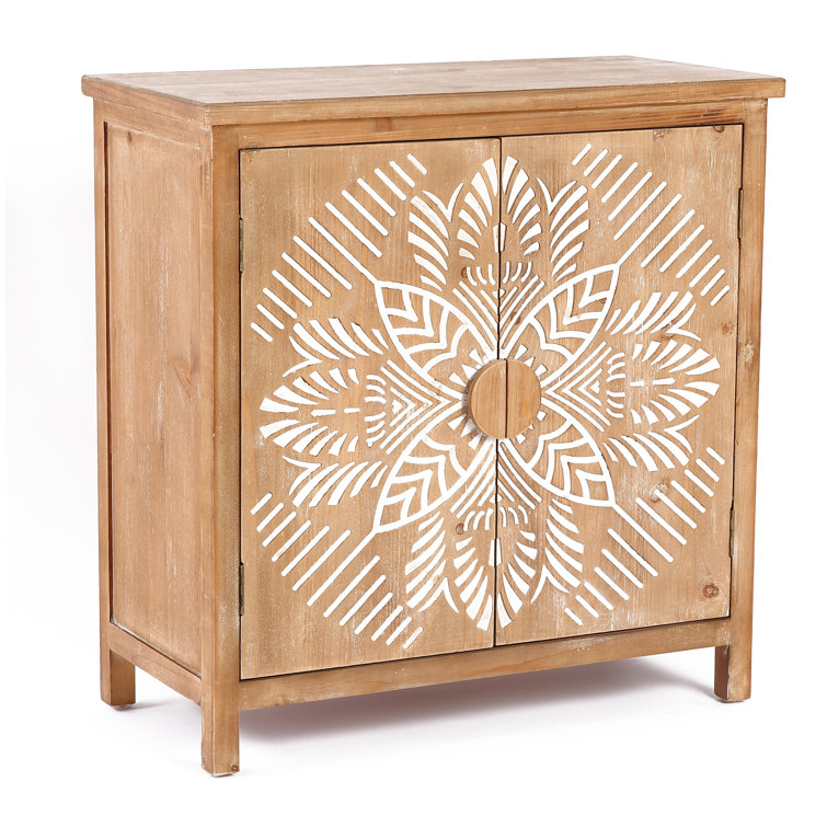 Rococo Romance 32'' White Natural Wood Floral Accent Cabinet