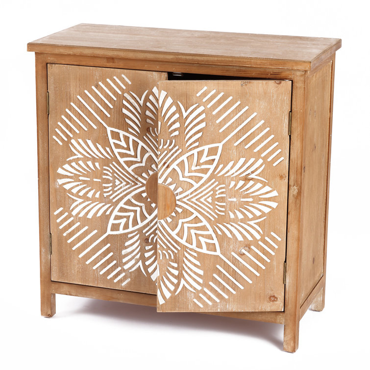 Rococo Romance 32'' White Natural Wood Floral Accent Cabinet