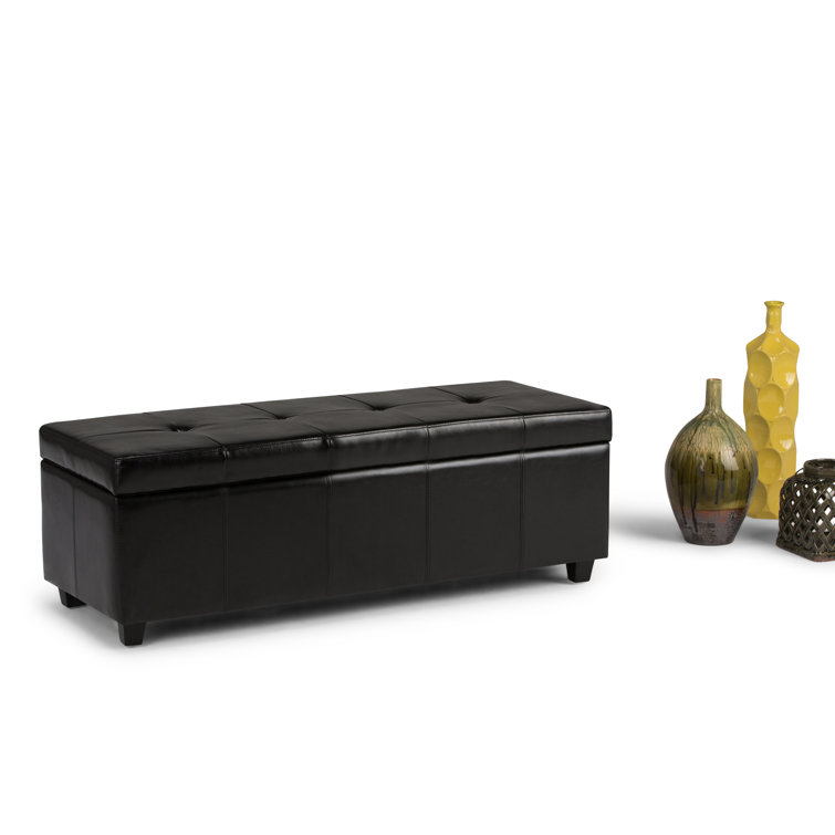 Midnight Black Bonded Leather Tufted Storage Ottoman Bench