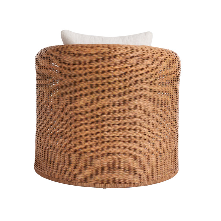 Natural Rattan Barrel Lounge Chair with White Cushions