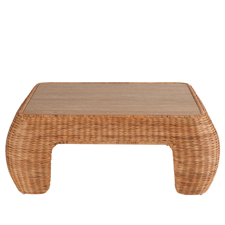 Natural Rattan Square Coffee Table with Travertine Top