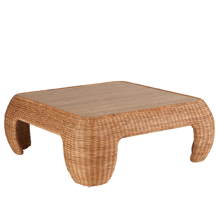 Natural Rattan Square Coffee Table with Travertine Top