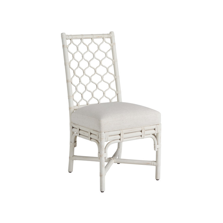 White Linen Upholstered Rattan Cane Side Chair