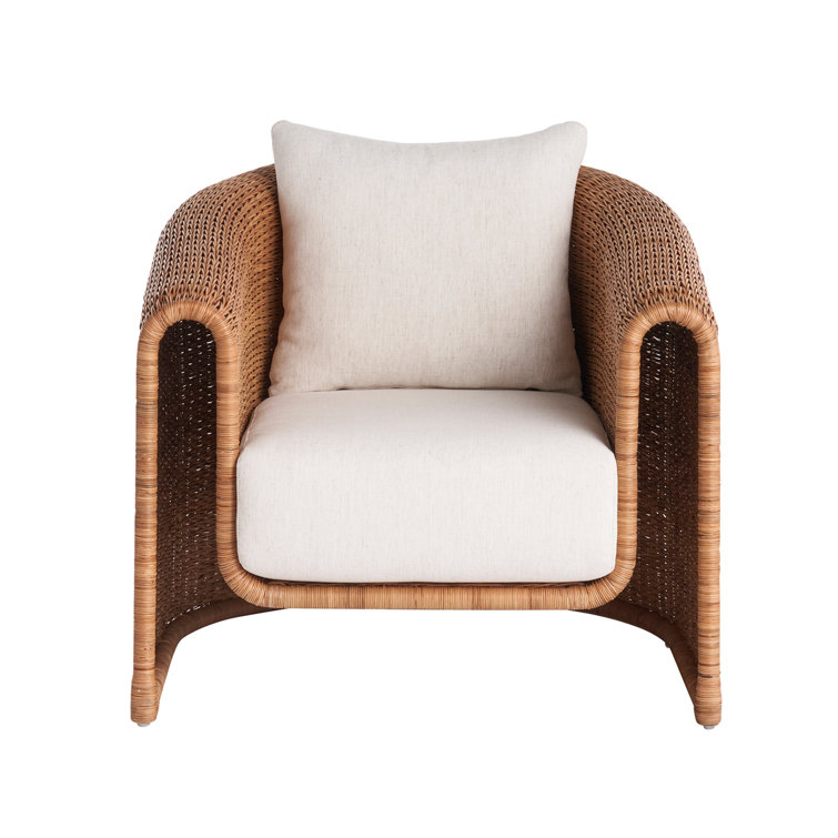 Natural Rattan Barrel Lounge Chair with White Cushions
