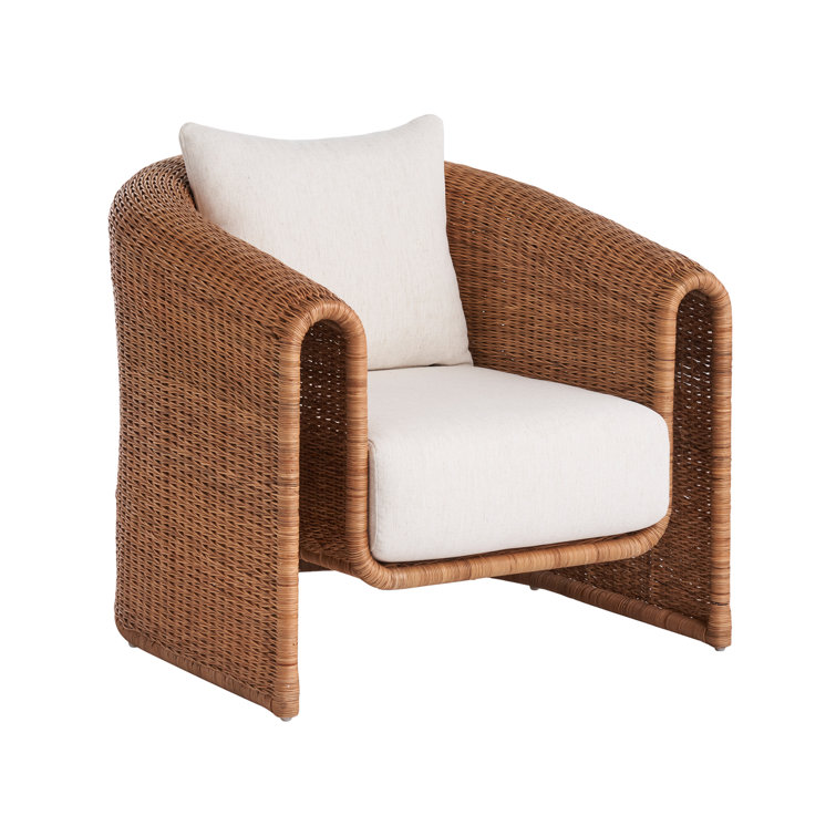 Natural Rattan Barrel Lounge Chair with White Cushions