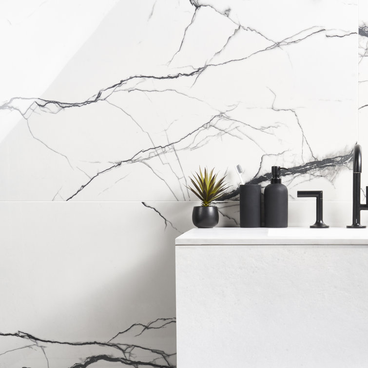 Large Format Polished Black and White Porcelain Marble Look Tile