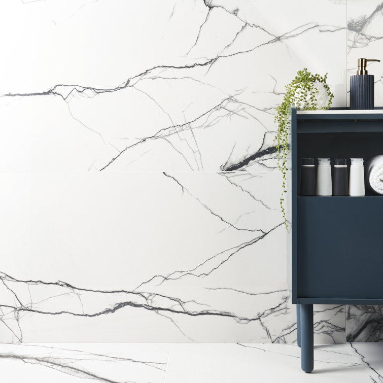 Large Format Polished Black and White Porcelain Marble Look Tile