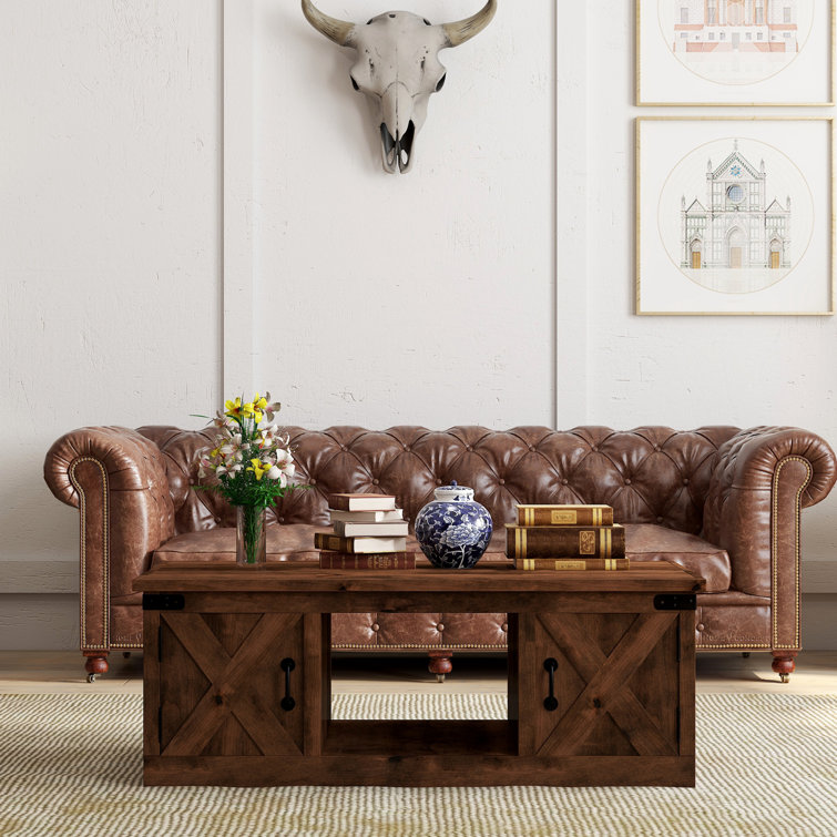 Industrial Knotty Alder 48'' Coffee Table with Barn-Style Storage