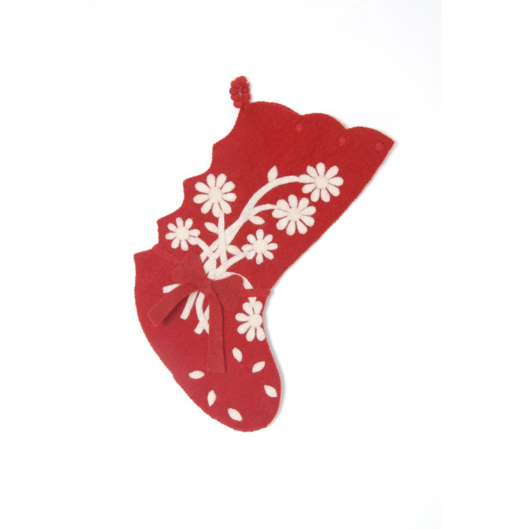 Red Hand Felted Wool Christmas Stocking with Flower Bouquet