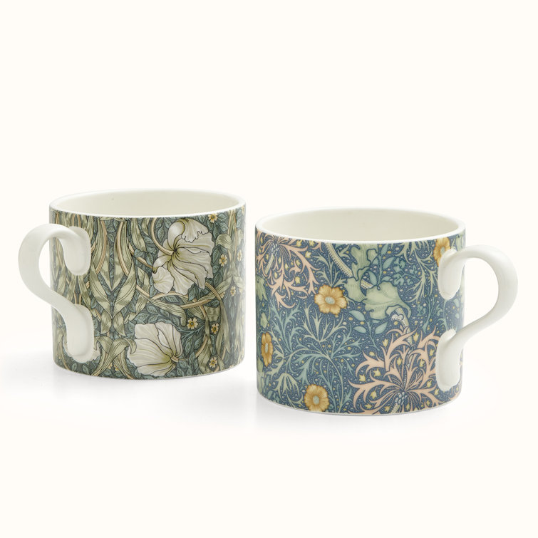 Elegant White Ceramic Mugs with Floral Designs, Set of 2