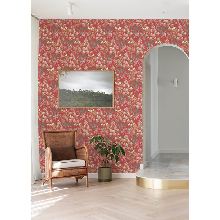 Red Multicolor Floral Non-Woven Removable Wallpaper