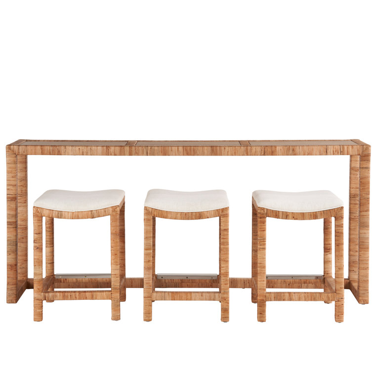 Natural Rattan Console Table with Stools and Stone Top