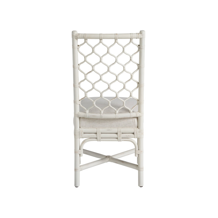White Linen Upholstered Rattan Cane Side Chair