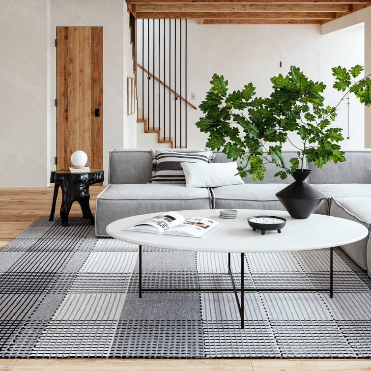 Gray and Ivory Plaid Wool Rectangular Area Rug, 10' x 14'