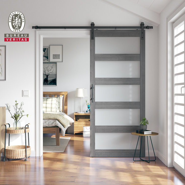 Gray Frosted Glass and MDF Sliding Barn Door with Hardware Kit