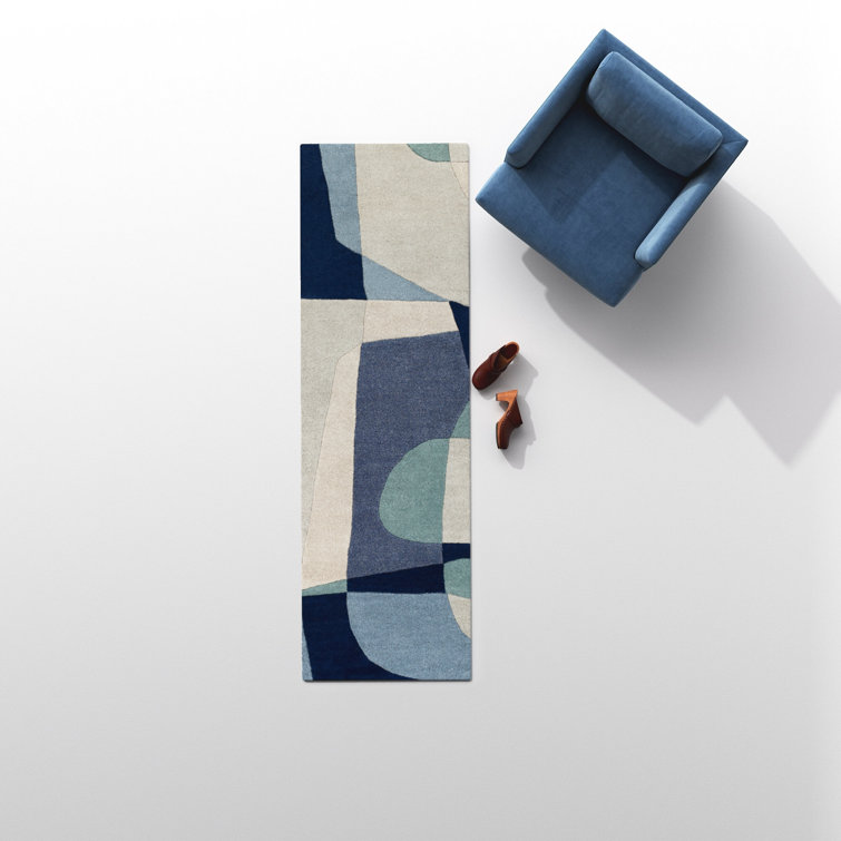 Teal and Navy Abstract Handmade Wool Rug, 5' x 8'