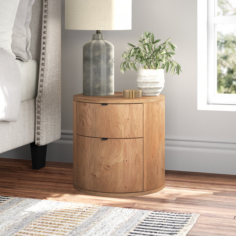 Scandinavian Solid Oak 2-Drawer Round Nightstand in Natural Brown