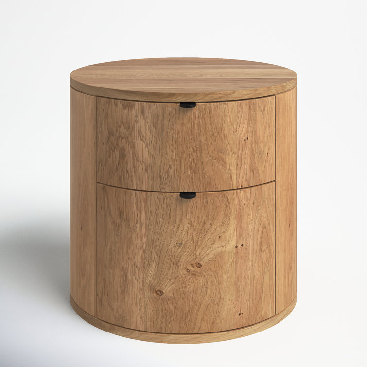 Scandinavian Solid Oak 2-Drawer Round Nightstand in Natural Brown
