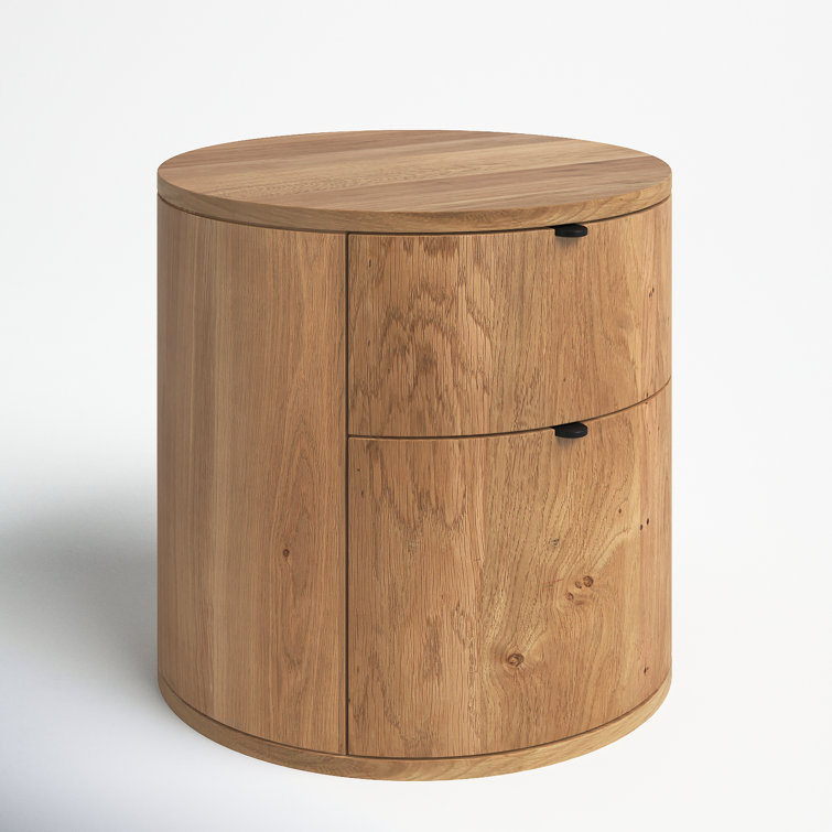 Scandinavian Solid Oak 2-Drawer Round Nightstand in Natural Brown
