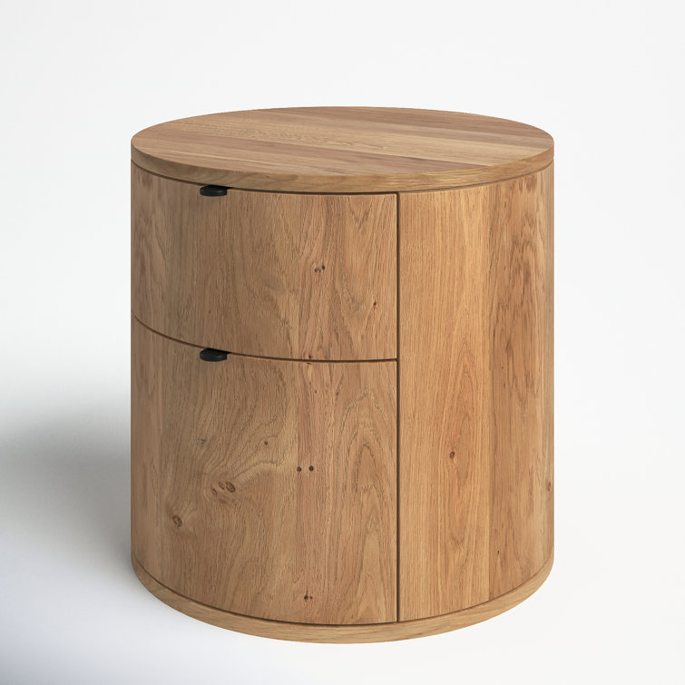 Scandinavian Solid Oak 2-Drawer Round Nightstand in Natural Brown