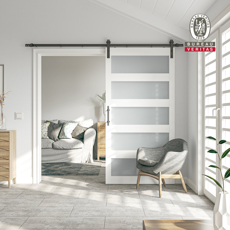 84" White MDF Sliding Barn Door with Frosted Glass Panels