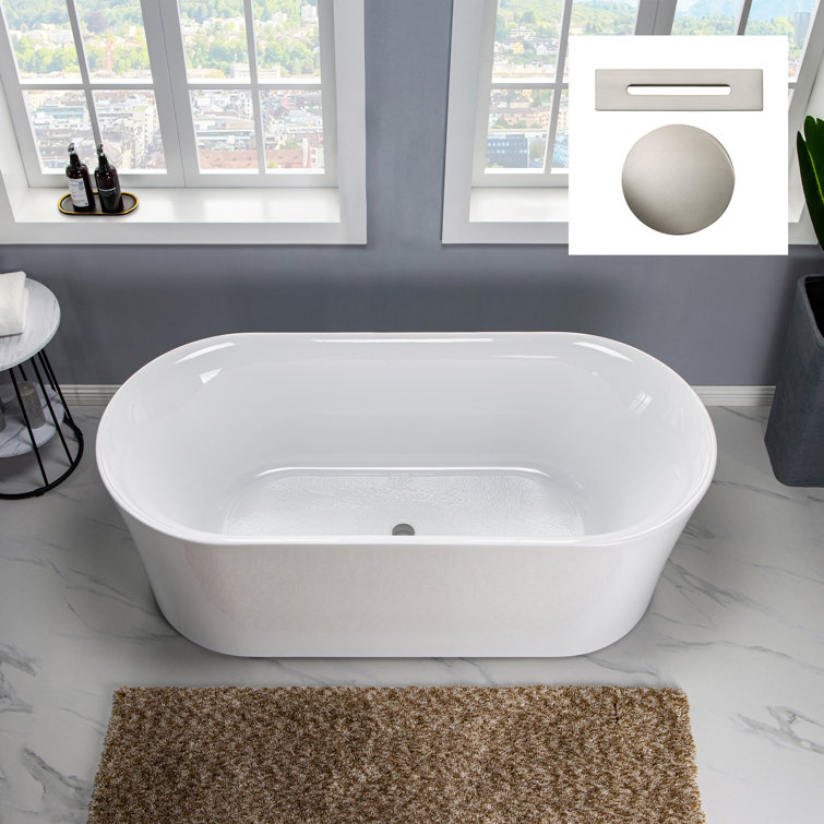 White Acrylic Freestanding Oval Soaking Bathtub with Brushed Nickel Drain