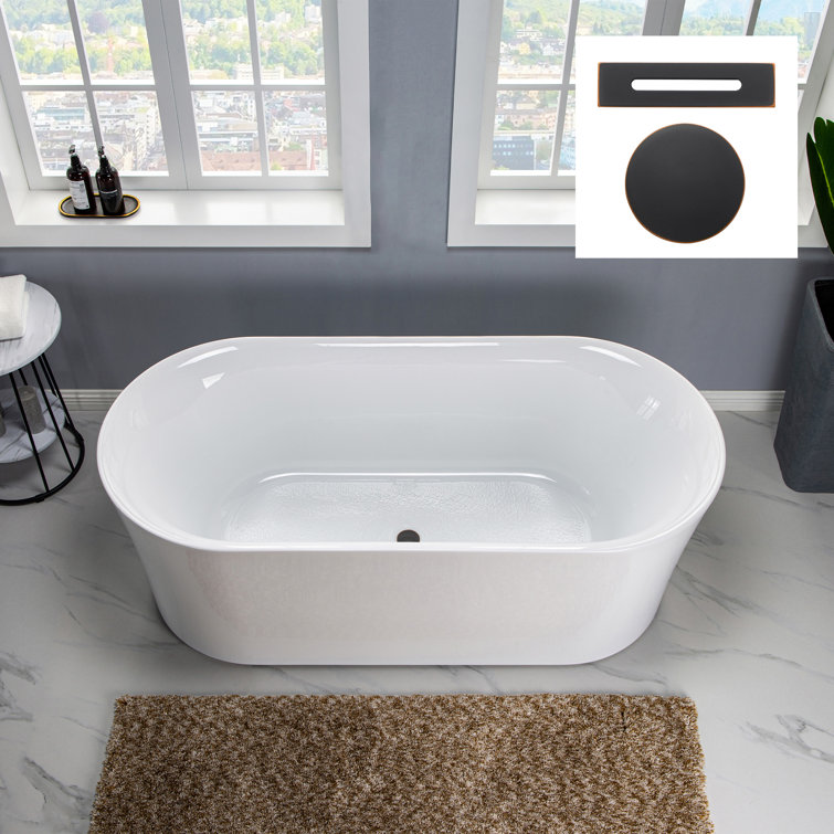 White Acrylic Oval Freestanding Soaking Bathtub with Center Drain