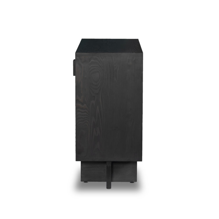Black Woven Cane Front Bar Cabinet with Cross Legs
