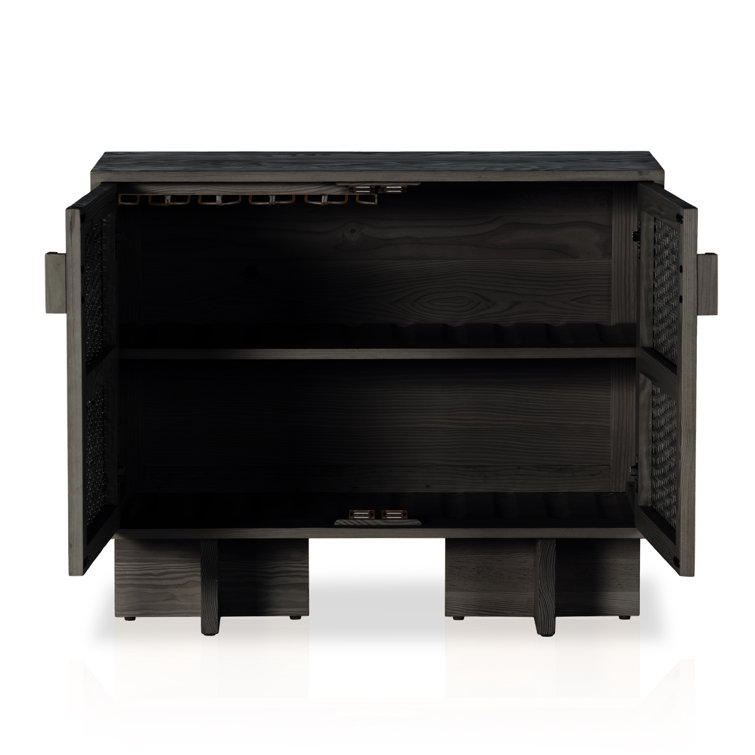Black Woven Cane Front Bar Cabinet with Cross Legs
