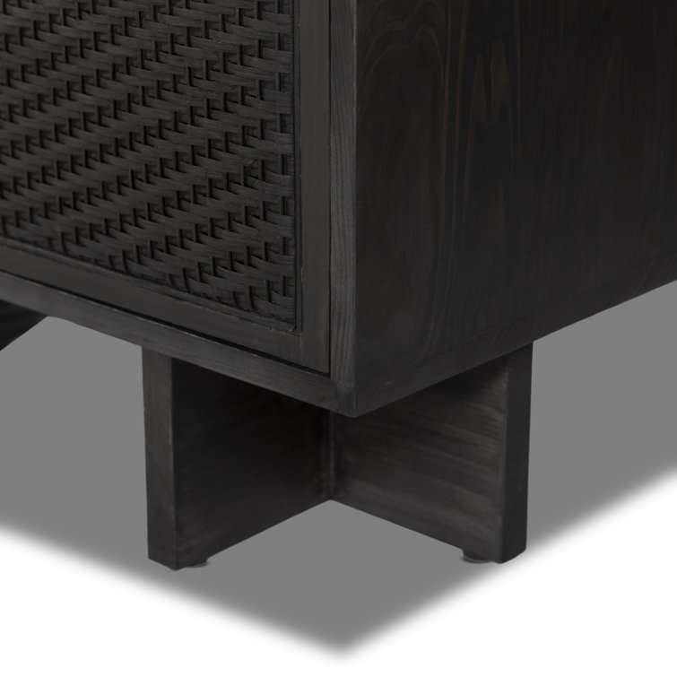Black Woven Cane Front Bar Cabinet with Cross Legs
