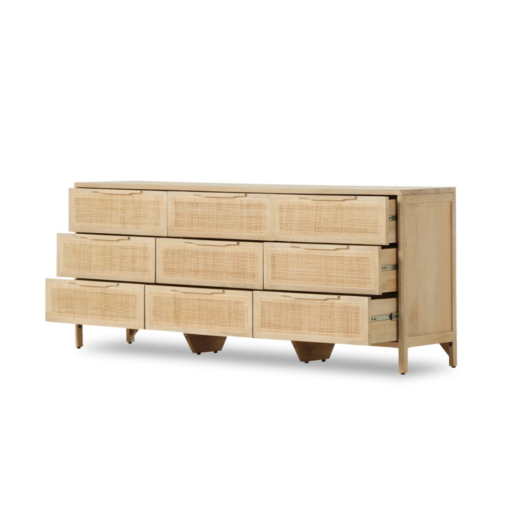 Natural Mango Wood 9-Drawer Dresser with Cane Front