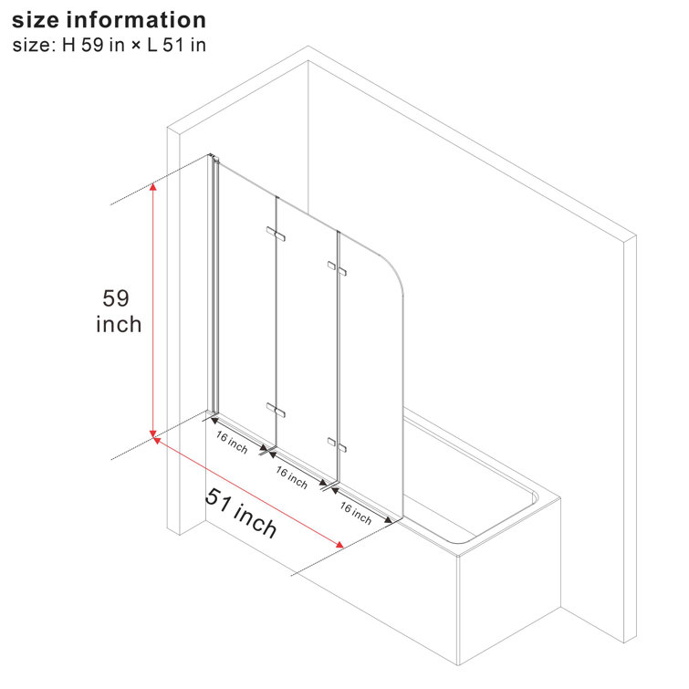 51'' Black Aluminum Frameless Folding Tub Door with Clear Tempered Glass