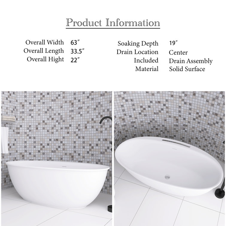 63 in. Matte White Solid Surface Freestanding Soaking Bathtub