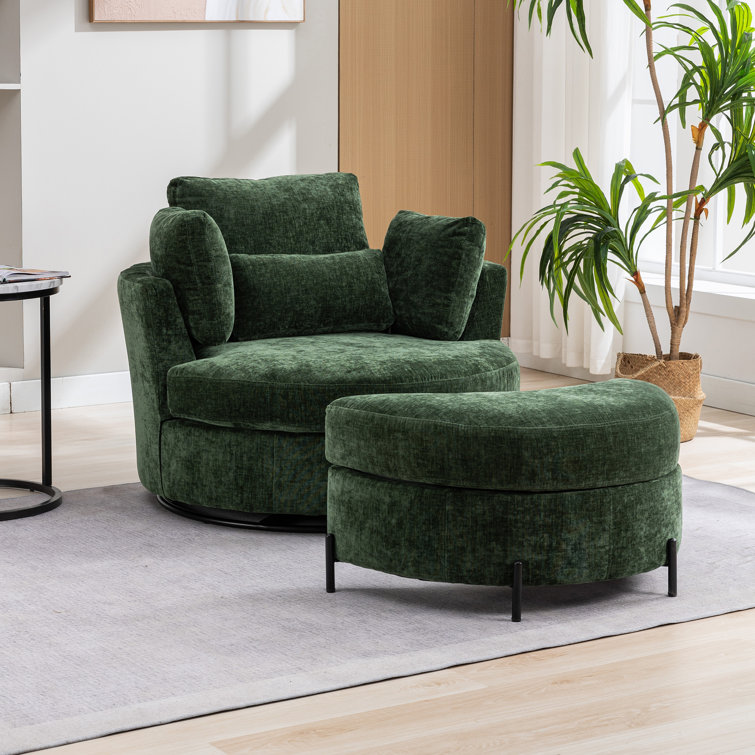 Green Chenille Swivel Barrel Chair with Ottoman