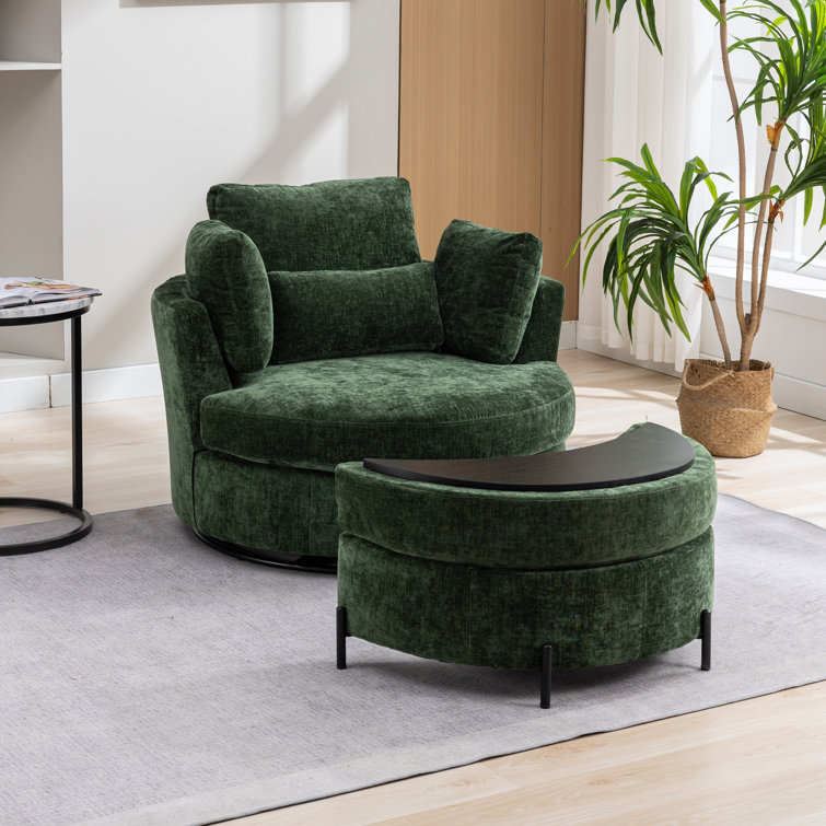 Green Chenille Swivel Barrel Chair with Ottoman