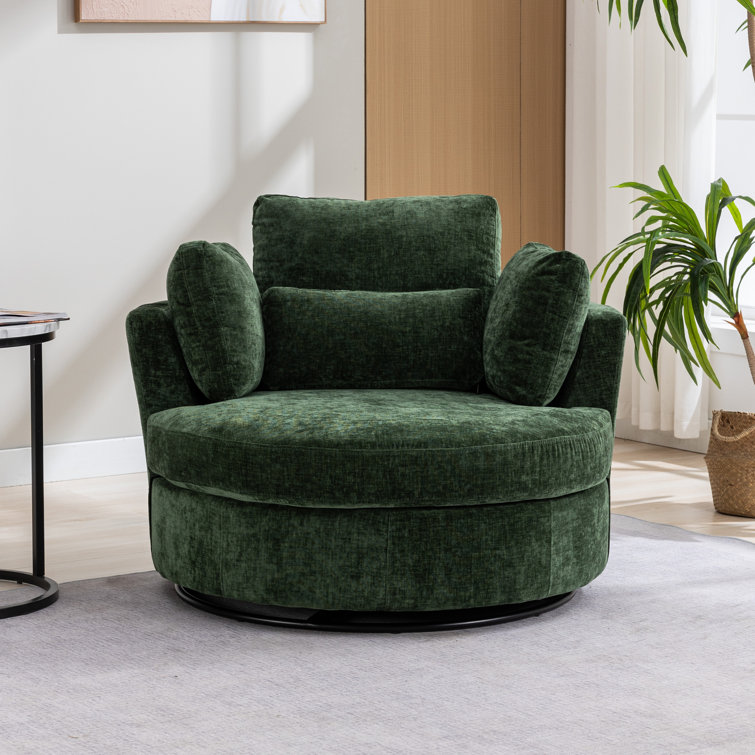 Green Chenille Swivel Barrel Chair with Ottoman