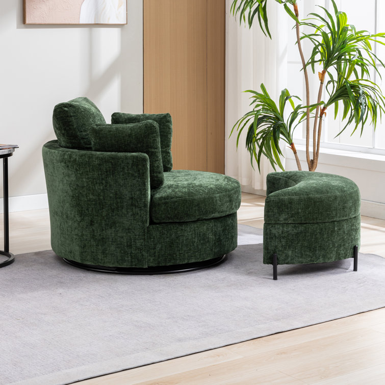 Green Chenille Swivel Barrel Chair with Ottoman