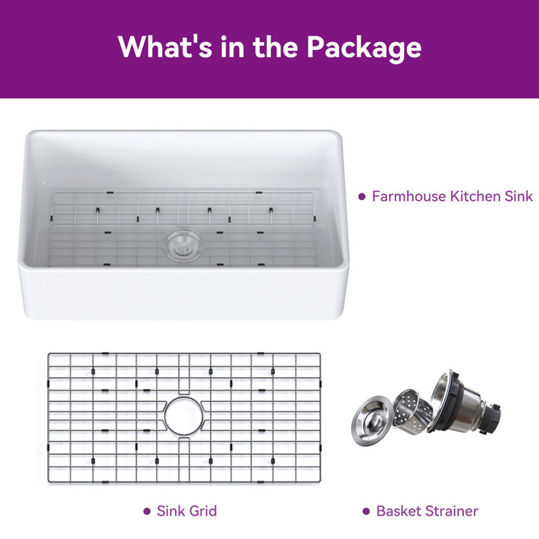 Athena 33" L x 18" W Farmhouse Kitchen Sink with Sink Grid and Basket Strainer
