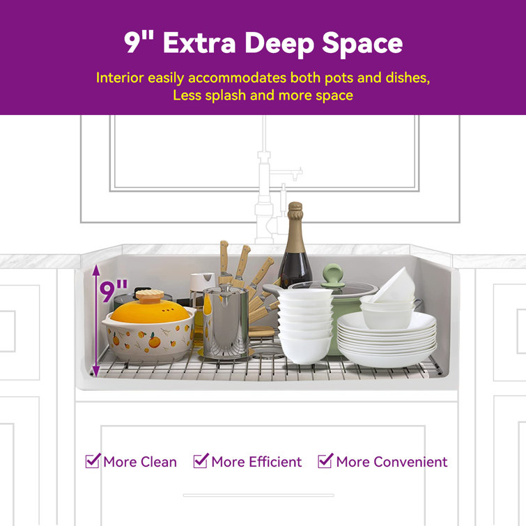 Athena 33" L x 18" W Farmhouse Kitchen Sink with Sink Grid and Basket Strainer