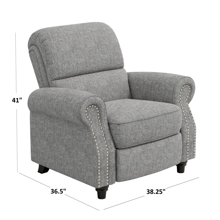 Gray Chenille Bustle-Back Recliner with Nailhead Trim