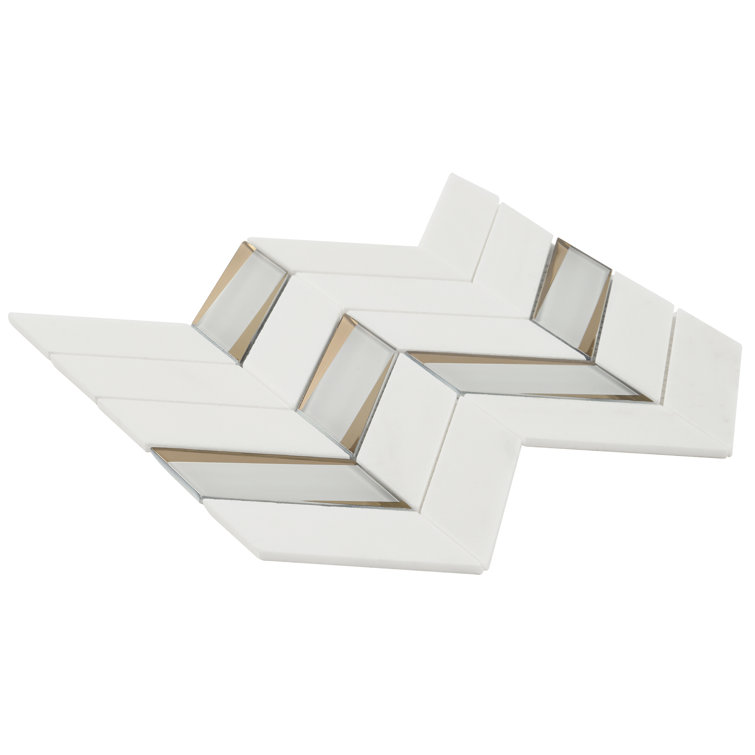 Verona Polished White Marble and Glass Chevron Mosaic Tile