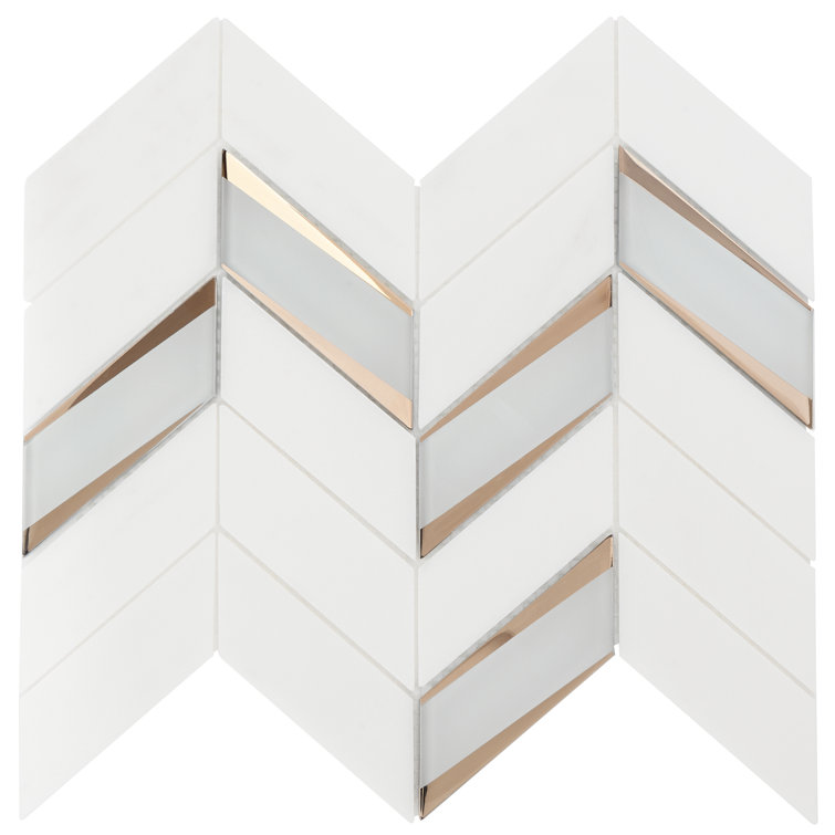 Verona Polished White Marble and Glass Chevron Mosaic Tile