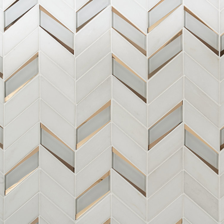Verona Polished White Marble and Glass Chevron Mosaic Tile