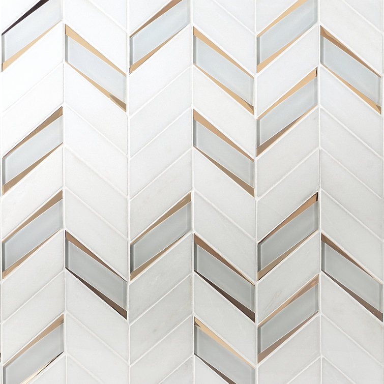 Verona Polished White Marble and Glass Chevron Mosaic Tile