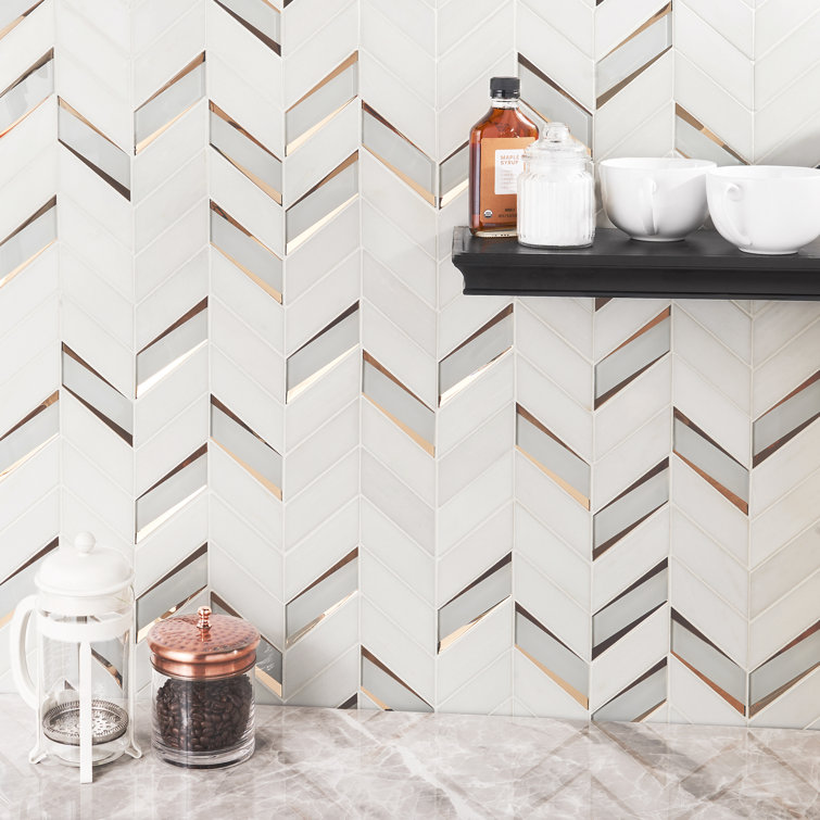 Verona Polished White Marble and Glass Chevron Mosaic Tile