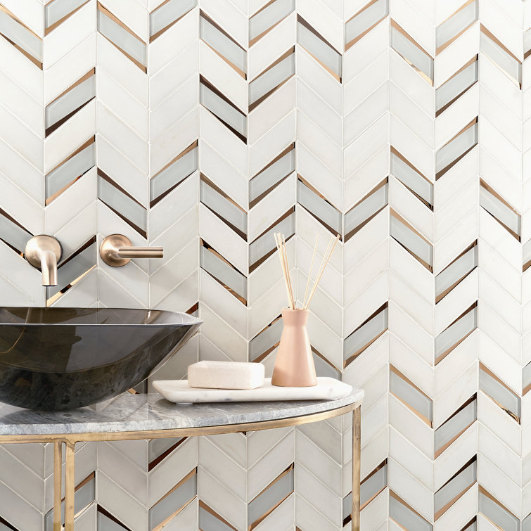 Verona Polished White Marble and Glass Chevron Mosaic Tile
