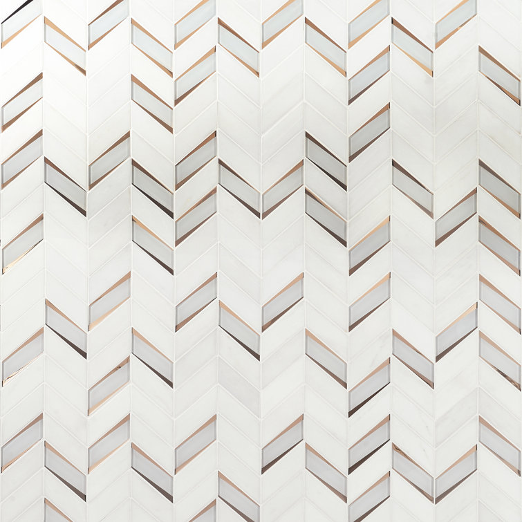 Verona Polished White Marble and Glass Chevron Mosaic Tile